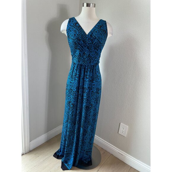 Chaps Womens Large Blue Black Stretch Maxi Dress Sleeveless V Neck - Picture 1 of 7
